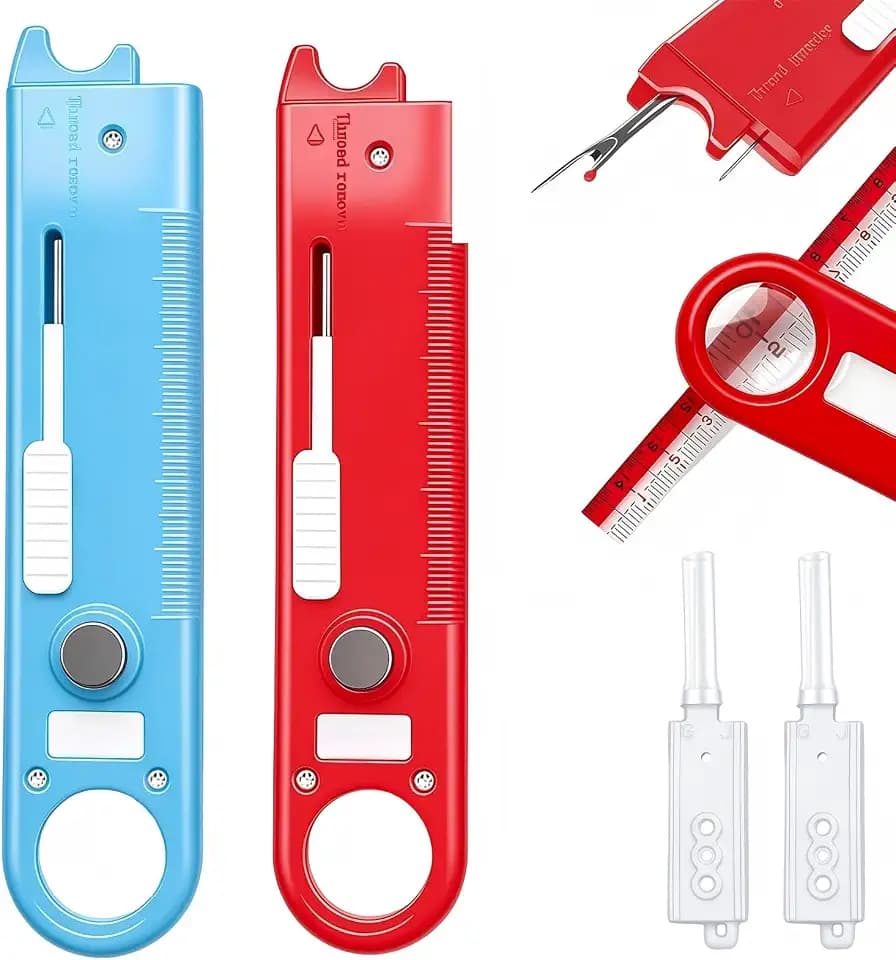 2PCS 4-in-1 Sewing Threader Tool, Multifunctional Sewing Tool with Needle Threader, Seam Ripper, Measuring Ruler & Magnifier, for Sewing, Embroidery,Craft Projects Use(Red+Blue)