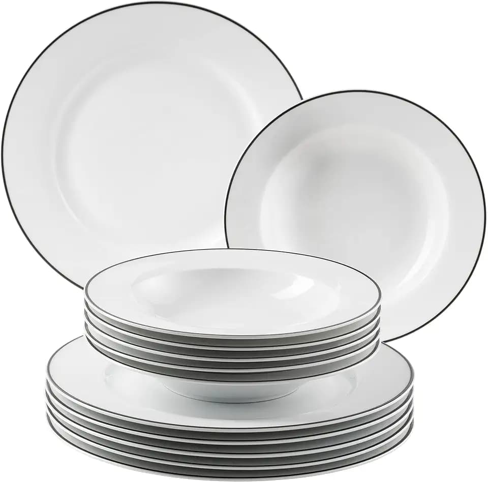 Mäser, Serie Nola, Tafelservice 6 Personen modern, Weiß mit Schwarzem Rand - 12-teiliges Teller Set mit Speiseteller & Suppenteller - Rundes Geschirrset, Essgeschirr, Tafelgeschirr; Weiß