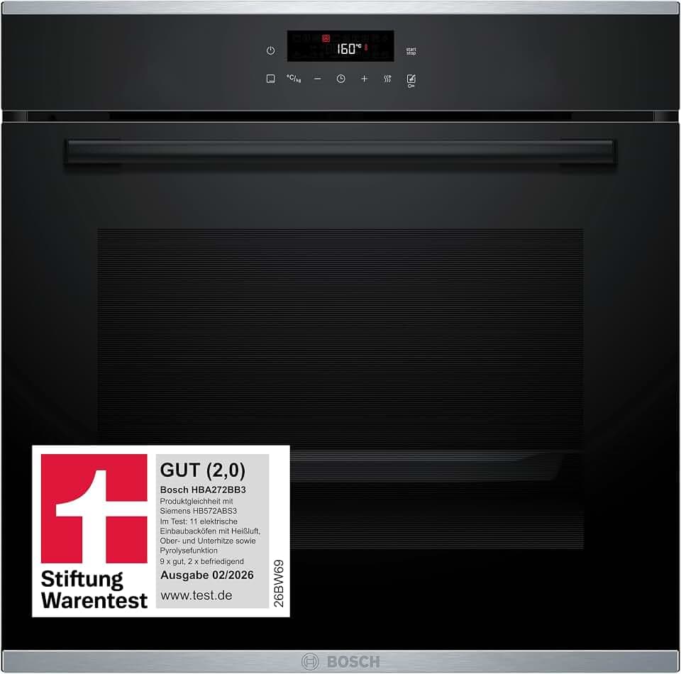 Bosch HBA272BB3, Stiftung Warentest GUT (2,0)*, Serie 4 Einbau-Backofen 60 x 60 cm, Pyrolyse-Selbstreinigung & Hydrolyse, LED Touch Control, 3D-Heißluft, 10 Automatikprogramme, Schnellaufheizung