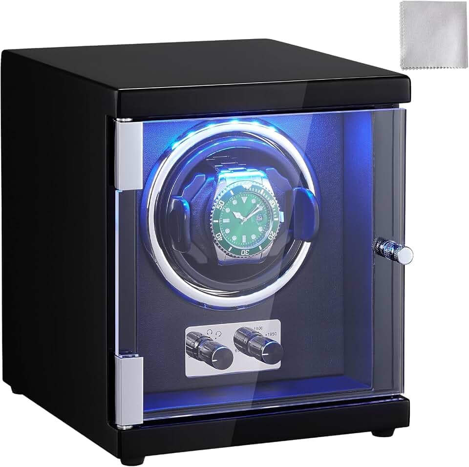 VEVOR Uhrenbeweger, Automatik-Uhrenbeweger, Watch Winder, Uhrenbeweger für Automatikuhren, Automatischer Uhrenbeweger mit Platz für 1 Uhr, LED Beleuchtung, 150–207 mm Einstellbare Riemenlänge
