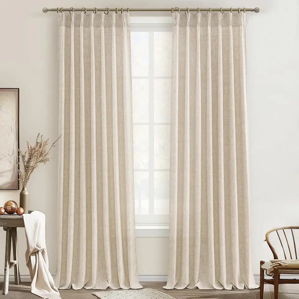 Living Room Semi Sheer Curtains 90 Inches Long 2 Panels Set, Natural Thick Linen Pinch Pleated Curtains Taupe Country Rustic Light Filtering Drape with Hooks Ceiling Track for 88inch Window W40 xL90