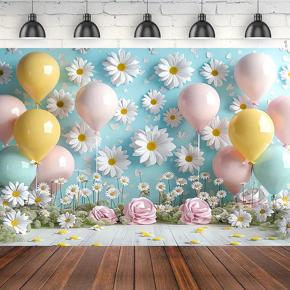 Daisy Balloon Girl Birthday Party Photo Background Daisy Peace Love 1st Birthday Party Decoration Wedding Baby Shower Holiday Background Flowers Princess Fairy Portrait Background (7X5FT)