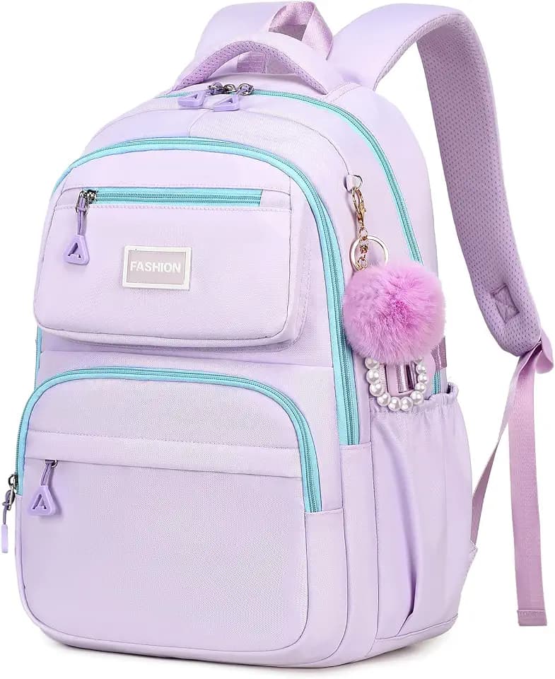 MOONBABY Girls Backpack Ages 6-12 Cute Color Matching School Bookbag for Elementary Middle School (with Pom Pom Keychain)