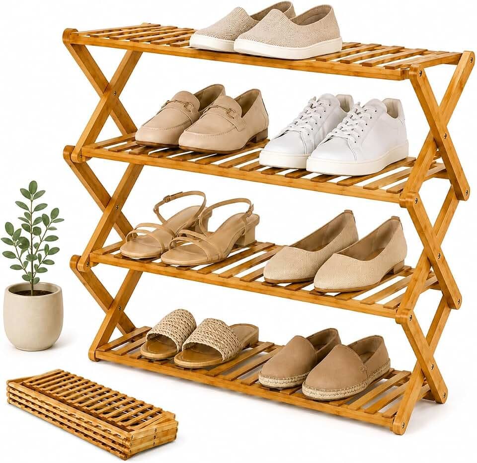 Felino® Schuhregal Schuhablage Organizer aus Bambus Holz offen | 70cm lang | Schuhorganizer offenes Regal klappbar auch für Camping