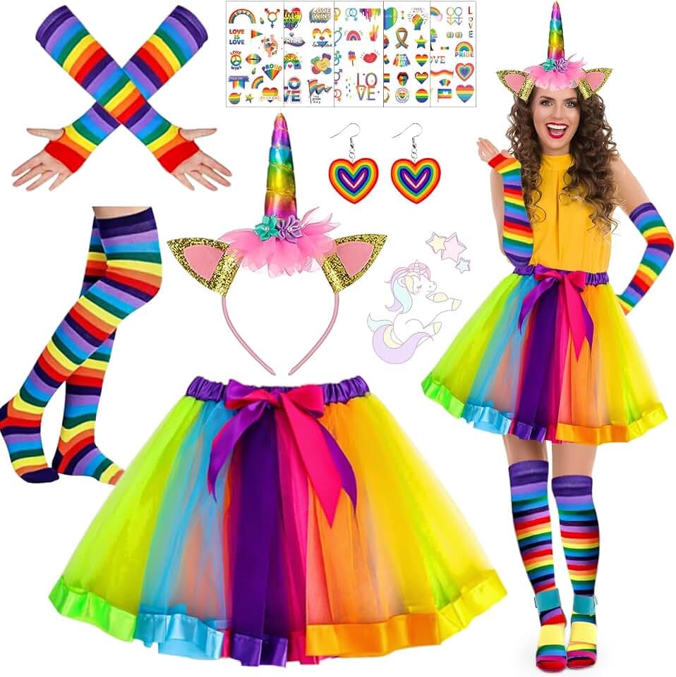 6er Regenbogen Kostüm Damen, Einhorn kostüm erwachsene,Tüllrock Regenbogen Damen, Einhorn Horn Stirnband, Kniestrümpfe Streifen,Ohrringe,Aufkleber und Lange Handschuhe,für Karnevalspartys Mottoparty