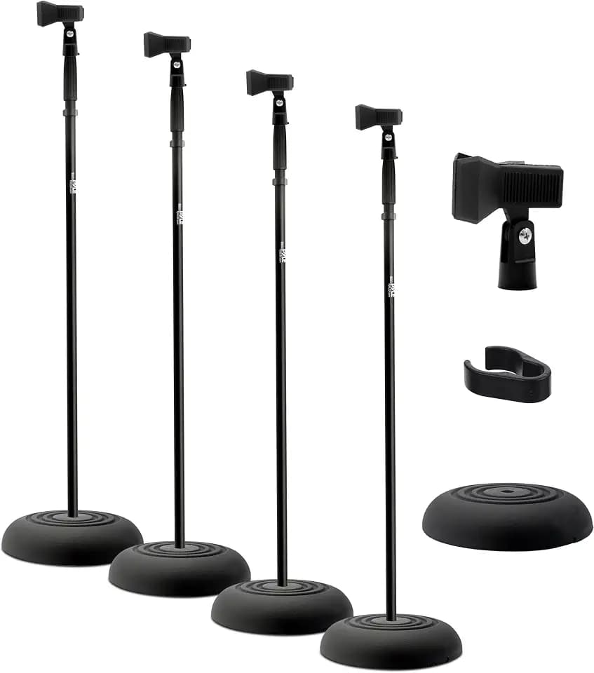 Pyle 4-Pack Microphone Stands with Adjustable Height and Heavy-Duty Steel Base | Universal Mic Holder with 180° Adjustable Clip for Stage & Recording Studio Equipment