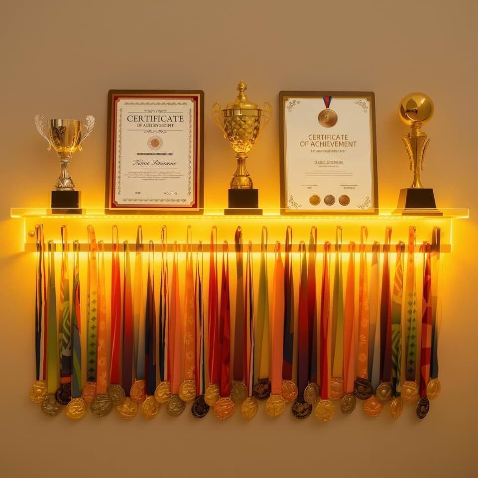 45 in Light up Acrylic Medal Hanger Display Rack and Trophy Shelf for Wall
