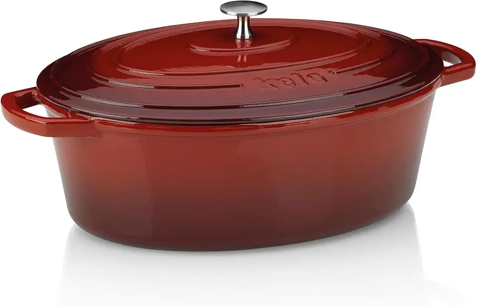 Kela 11942 Bräter mit Deckel, Gusseisen, Emaille-Beschichtung, Hohe Wärmespeicherung, Induktionsgeeignet, 6 L, Rot, Oval, Calido
