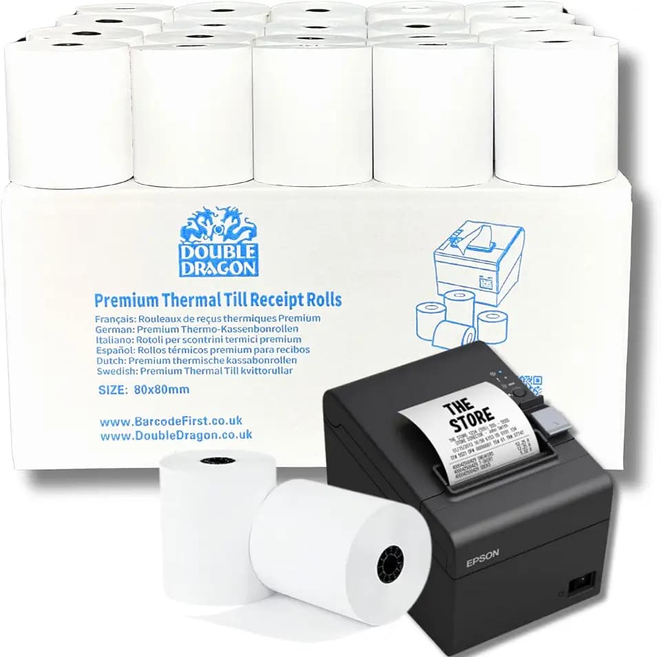 Double Dragon, 80 x 80 mm Premium Thermopapier Kassenrollen für EPOS-Drucker, POS-Terminal, Kassensystem [Packung mit 20]