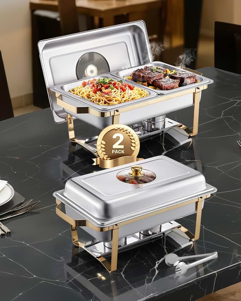 VEVOR Chafing Dish Set Speisenwärmer Edelstahl mit 4 Behältern in halber Größe (4 L pro), rechteckiger Wärmespender mit sichtbarem Deckel & Wasserpfannenständer & Brennstoffhalter, für Partys