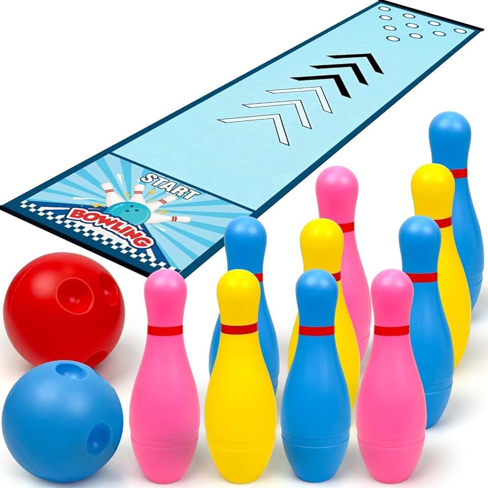 Mini Bowling Set Indoor Outdoor Indoor Bowling Set with Guide Arrow Mat Gold and Silver Medal Backpack Dispensing Suitable for Family Friends Family Party Entertainment