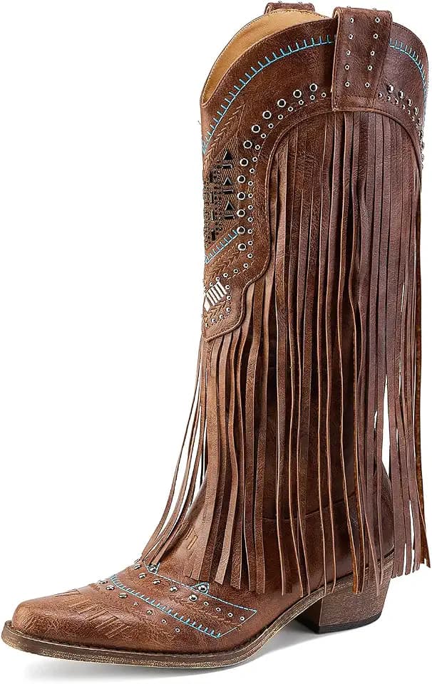 Women's Fringe Cowboy Boots Pull On Mid Calf Embroidered Chunky Heel Boot