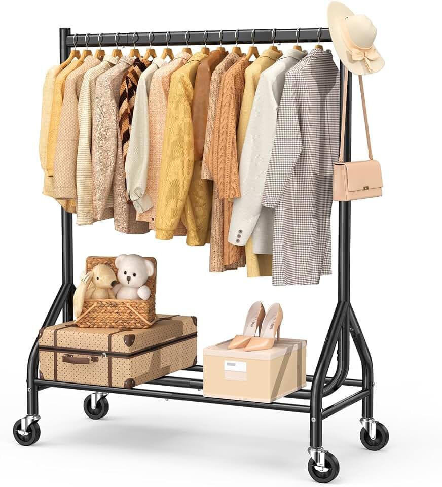 EAGMAK Schwerlast-Kleiderständer 190,5 kg, rollbarer Kleiderständer mit feststellbaren Rollen, Metall-Kleiderständer mit Regalböden, tragbarer Garderobenständer zum Aufhängen von Kleidung, (Schwarz)