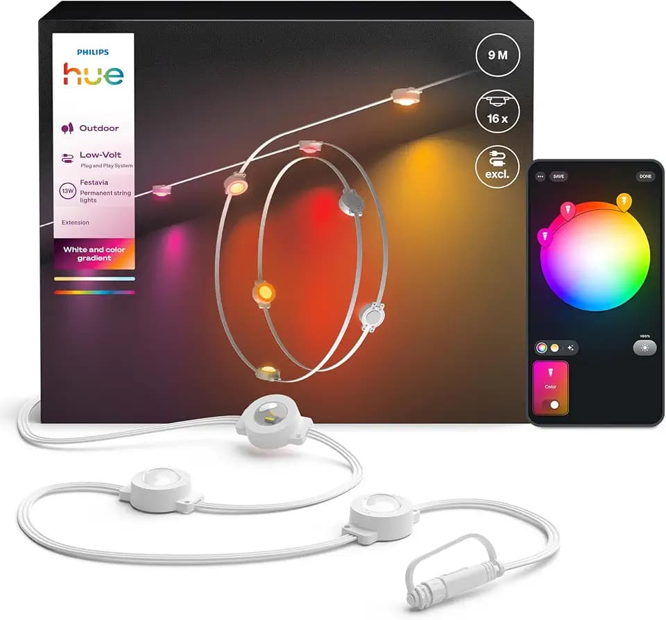 Philips Hue Festavia Permanent Außenlichterkette, Erweiterung, 9m, dimmbar, wetterfest, wasserdicht, weißes und farbiges Ambiente, weißes Kabel