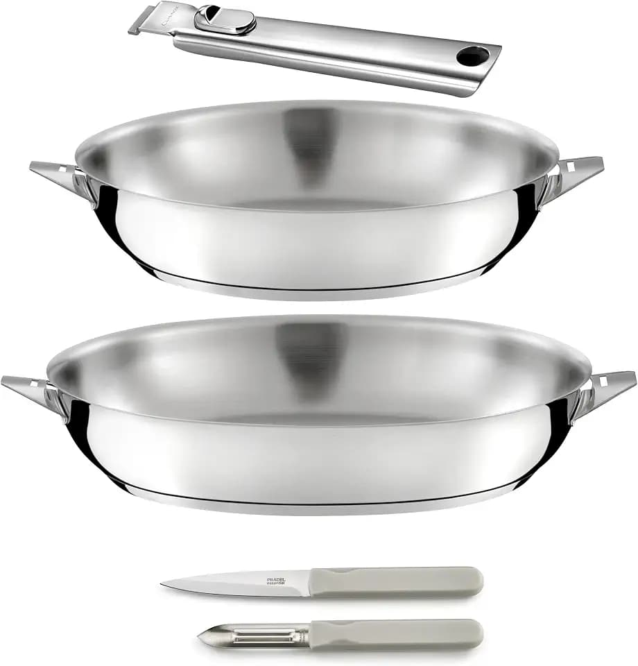 Cuisinox - Eclipse – Koch- und Besteck-Set – Pfannen 24/28 cm aus Edelstahl, Schäler und Gemüsemesser – abnehmbarer Griff aus Edelstahl – für alle Herdarten einschließlich Induktion geeignet