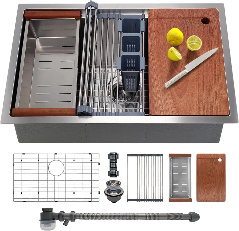 SANYCASA 33 Inch Undermount Kitchen Sink with Quiet Drain - 11 Gauge Stainless Steel Sink Single Bowl - Multifunctional Handmade Modern Integrated Ledge Workstation