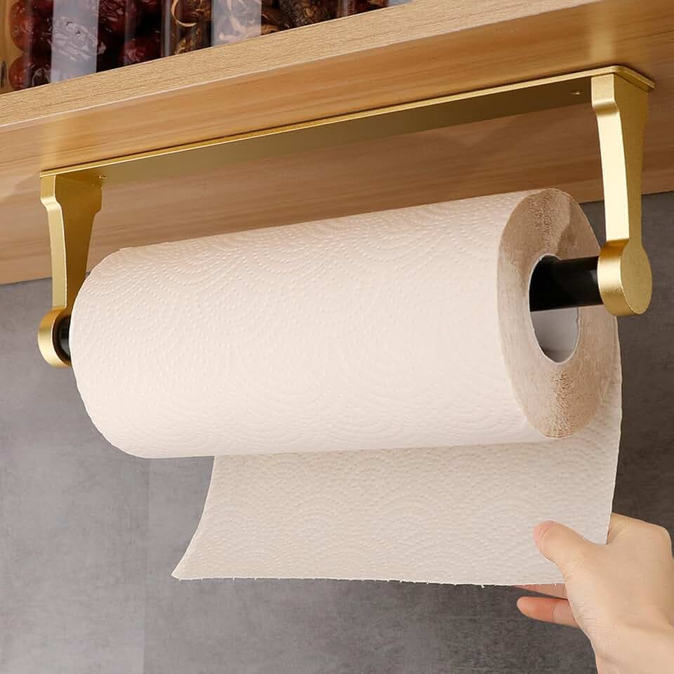 MONEER Paper Towel Holder Under Cabinet, Paper Towel Holder, Aluminum Alloy Kitchen Towel Holders, Self Adhesive Kitchen Roll Holder for Kitchen, Bathroom, Living Room (Glow Gold)