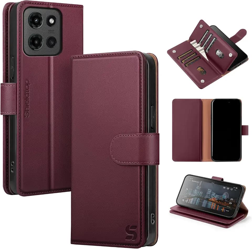 Shieldtop Compatible with Motorola Moto G 5G 2026/2025 Wallet Case with Card Holder,Women Men RFID Blocking PU Leather Case Flip Shockproof TPU Protective Cover Credit Card Slots,Wine Red