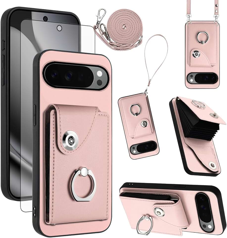 Asuwish Compatible with Google Pixel 10 Pro XL Wallet Case and Tempered Glass Screen Protector Ring Holder Credit Card Slots Stand Cell Accessories Phone Cover for Pixel10 10Pro LX Women Men Pink