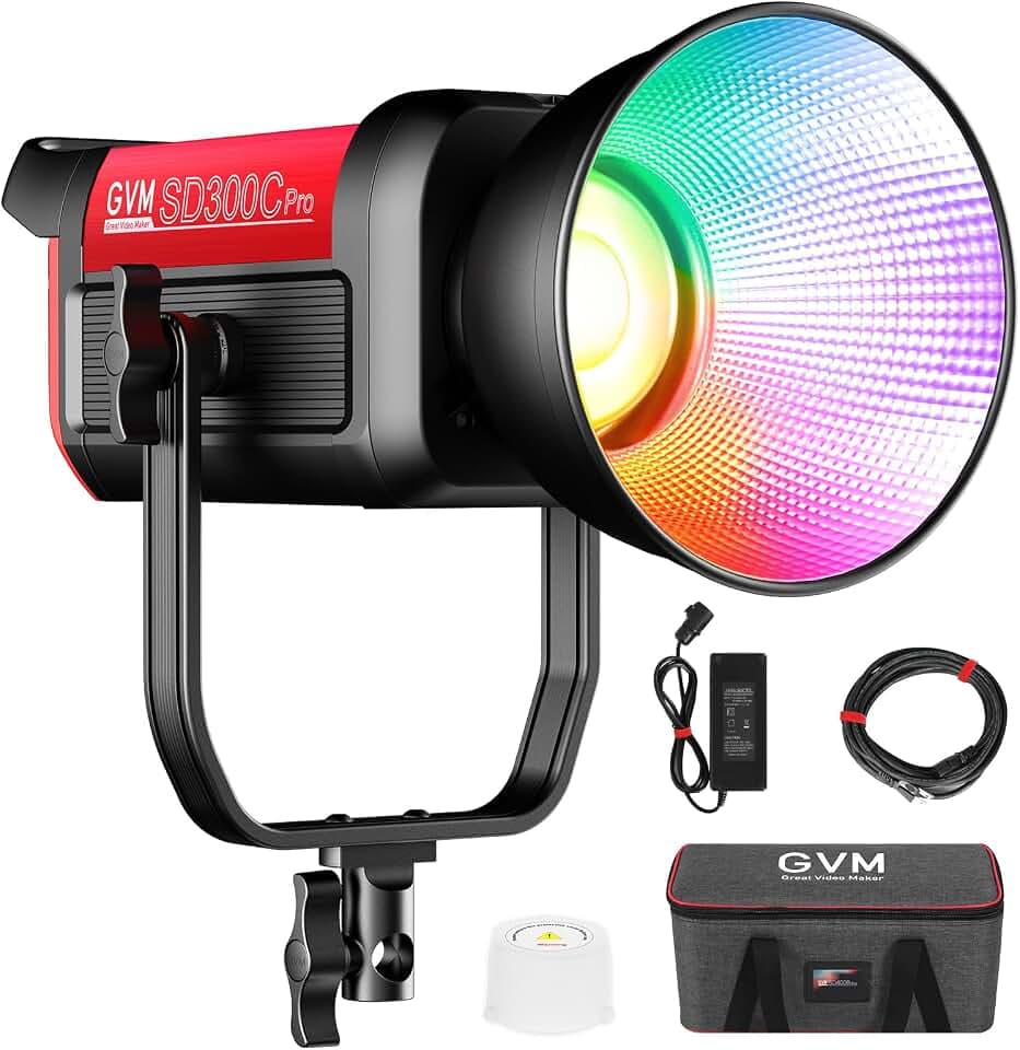 GVM LED Videoleuchte RGB, 300W COB Studiolicht Dauerlicht Fotografie, 2000K-10000K 48200Lux@1m Videolicht Fotolicht für Studio Video YouTube, Bowens Mount DMX/APP Steuerung CRI97+ 16 Lichteffekte