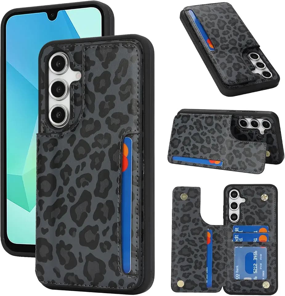 iCoverCase Compatible with Samsung Galaxy A16 5G Case with Card Holder, Wallet Case for Women Men [RFID Blocking] PU Leather Protective Phone Case for A16 (Black Leopard)