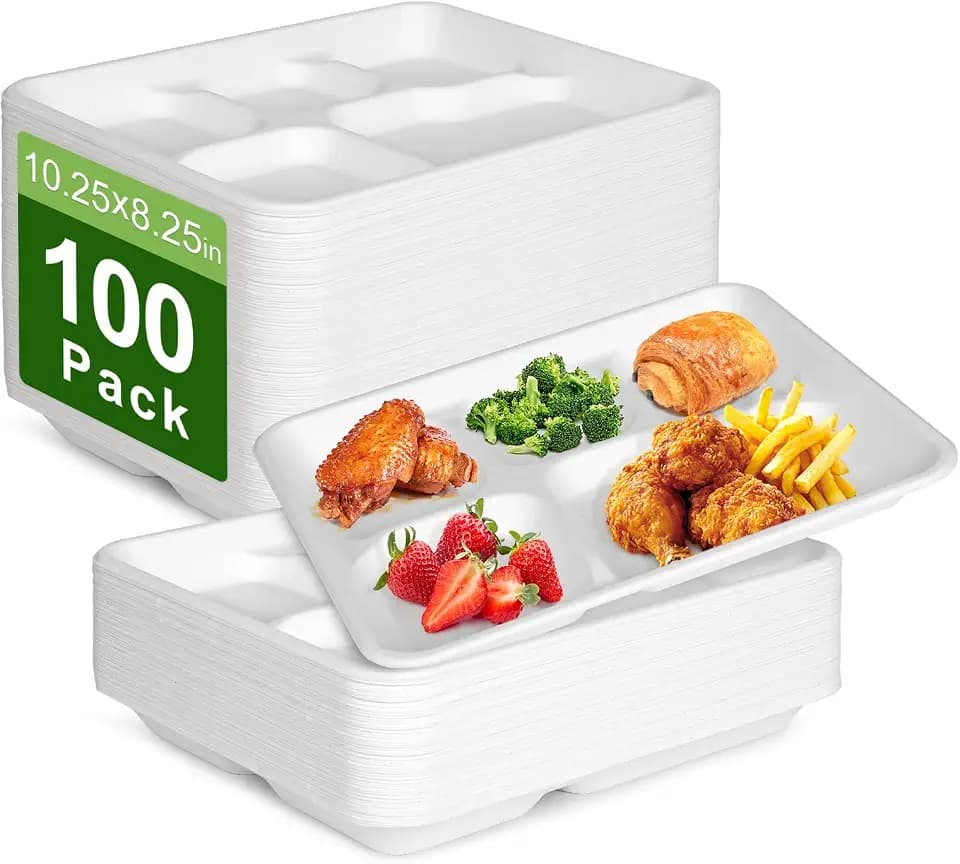 Compostable 5 Compartment Plates, 10.25 x 8.25 inch, 100-Pack