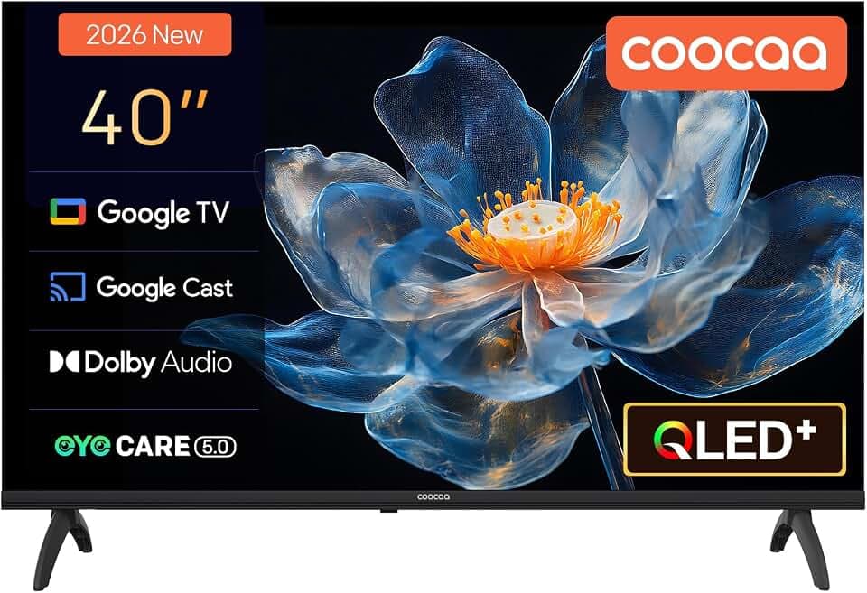 coocaa Smart TV 40 Zoll, 100cm, QLED FHD Fernseher kompatibel mit Google TV, HDR 10, Dolby Audio, Bluetooth 5.1, EyeCare, Google Cast, Triple Tuner DVB-T/-T2/-C/-S/-S2 CI+