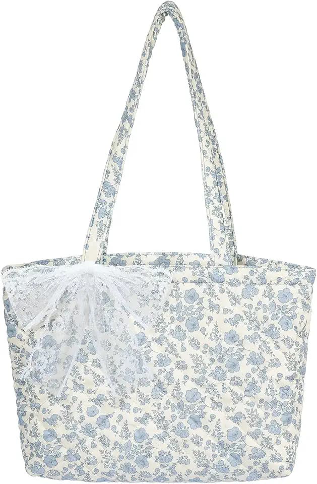 Quilted Small Tote Bag for Women, Lightweight Floral Shoulder Bag,Soft College Travel Work Bag Everyday Purse