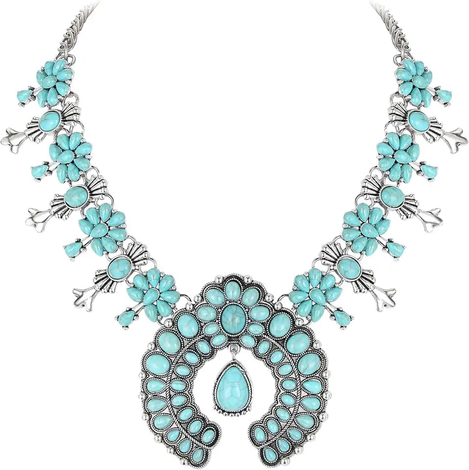 Western Turquoise Large Bohemian Chunky Statement Necklace for Women