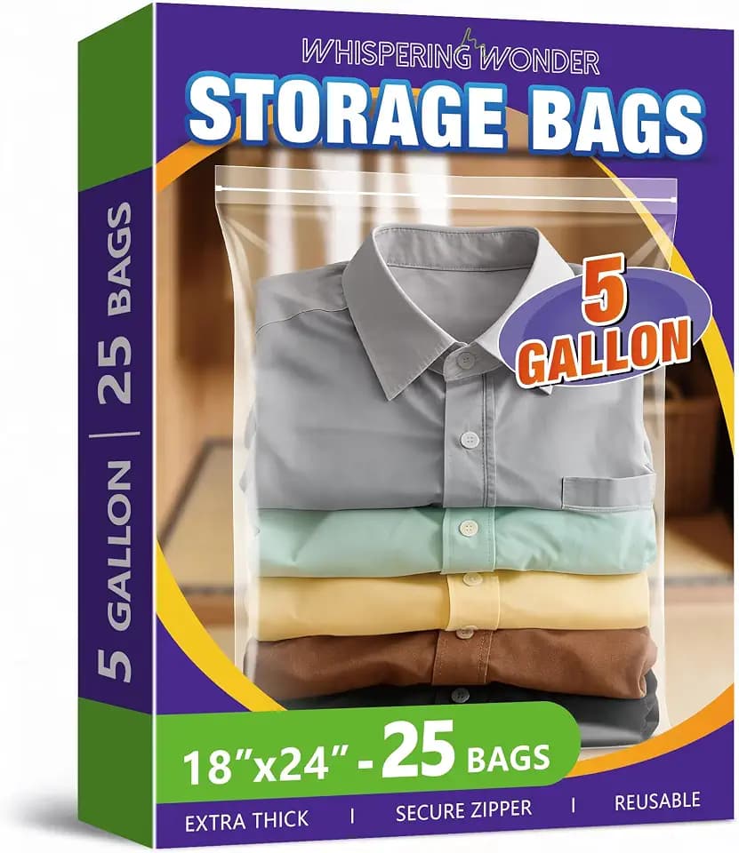 5 Gallon Zippered Plastic Storage Bags, 18" x 24" Clear Reusable Bags, 2-Mil Thick, For Clothes, Travel, Moving & Organizing, 25 Packs