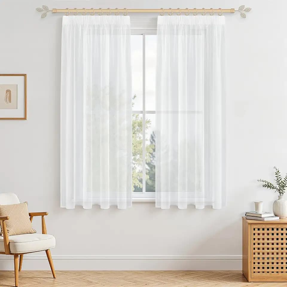 MRTREES Gardinen mit Kräuselband Stores Gardinen Weiß kurz transparent 160X140cm (HXB) Schlaufenschals 2er Set Vorhänge in Leinenoptik für Wohnzimmer Schlafzimmer Mädchen Jugend Curtains