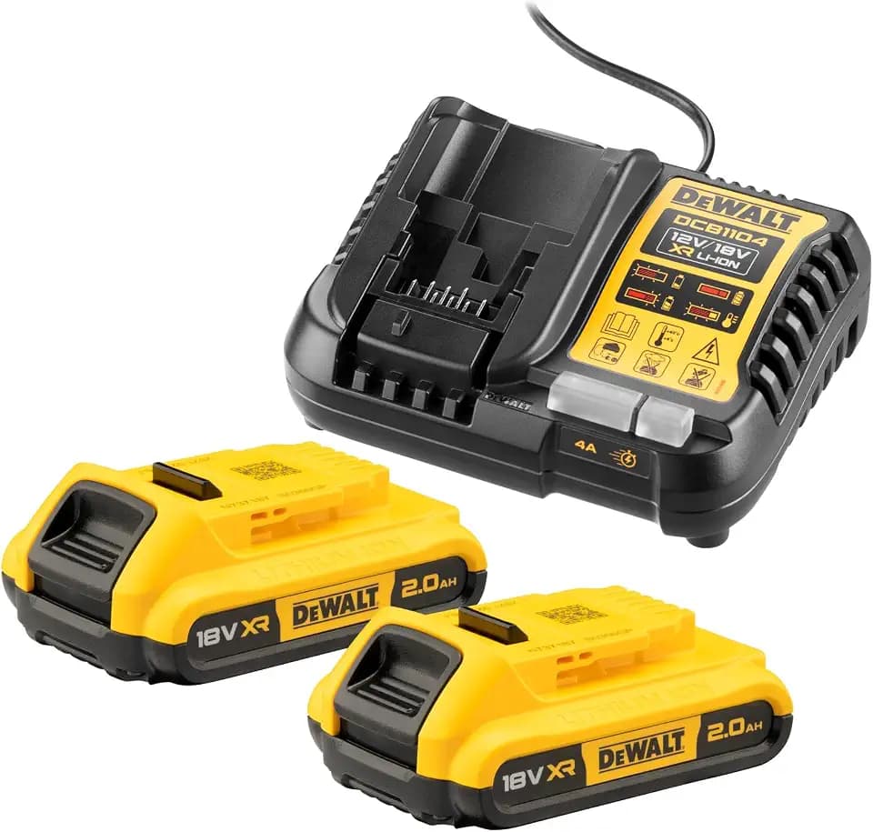 DEWALT 18 Volt / 2.0 Ah Akku Starter-Kit DCB1104D2 (bestehend aus 2x Akkus (DCB183-XJ) & 1x System-Schnellladegerät (DCB1104-QW), mit Ladzustandsanzeige, passend für alle 18 Volt XR Akku-Maschinen)