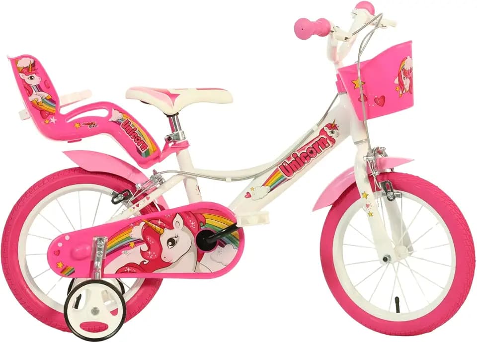 Dino Bikes Einhorn Kinderfahrrad Unicorn Mädchenfahrrad – 16 Zoll | Original | Kinderrad mit Stützrädern, Puppensitz und Fahrradkorb - Das Einhorn Fahrrad als Geschenk für Mädchen