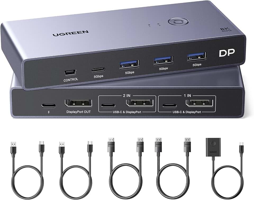 UGREEN Displayport KVM Switch 2 in 1 Out, 8K@60Hz, Aluminum, 4 USB3.0 Ports
