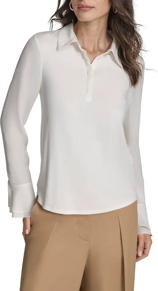 BCBG Women's Long Sleeve with Metallic Button Collar