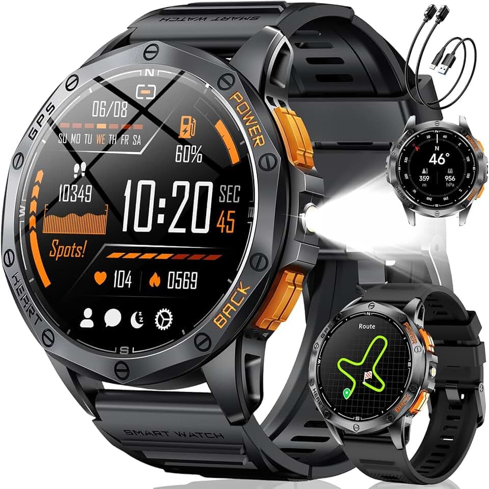 LIGE GPS Smartwatch Herren, Barometerdruck/Höhenmesser/Kompass, 1,43" AMOLED Smart Watch mit LED Taschenlampe/170+ Sportmodi/5ATM/Bluetooth Anrufe/Gesundheitsmonitor für iOS Android