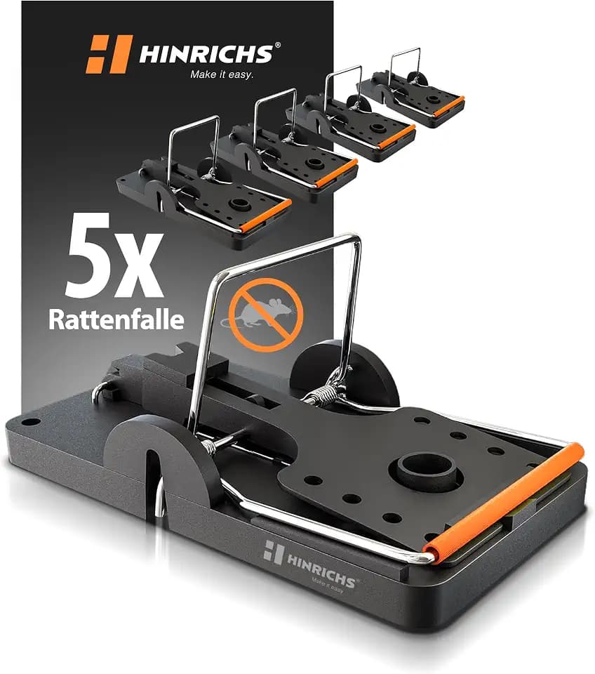 Hinrichs Rattenfallen 5 Stück - Wiederverwendbare Schlagfallen - Ratten Fallen - Hygienische Rattenschlagfalle - Falle für Haus & Garten - Rattenbekämpfung - Schlagfalle Ratte - Rattenfalle groß