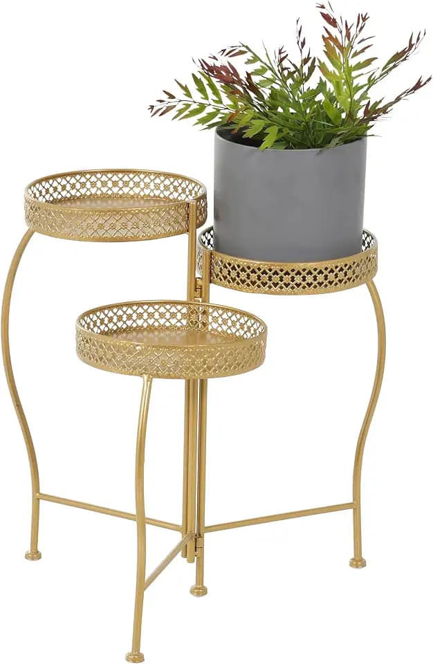 Deco 79 Metal Indoor Outdoor Plantstand Curved Folding 3 Tier Plant Shelf with Floral and Scroll Patterns, Plant Stand 17" x 17" x 20", Gold