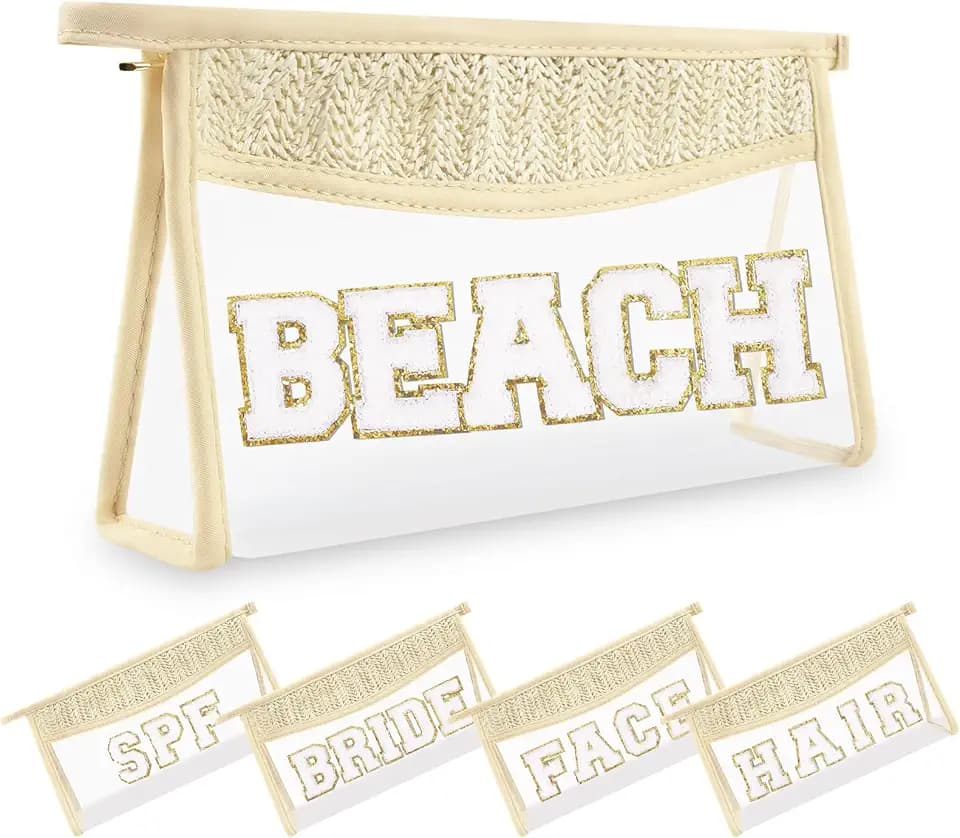 Small Boho Straw Clear Beach Makeup Bags for Women&Girls, Zipper Cosmetic Bag Chenille Varsity Letter Patch Bag, Preppy Cute Toiletry Pouch, Trendy Organizer Storage Bag for Beach Travel Essentials