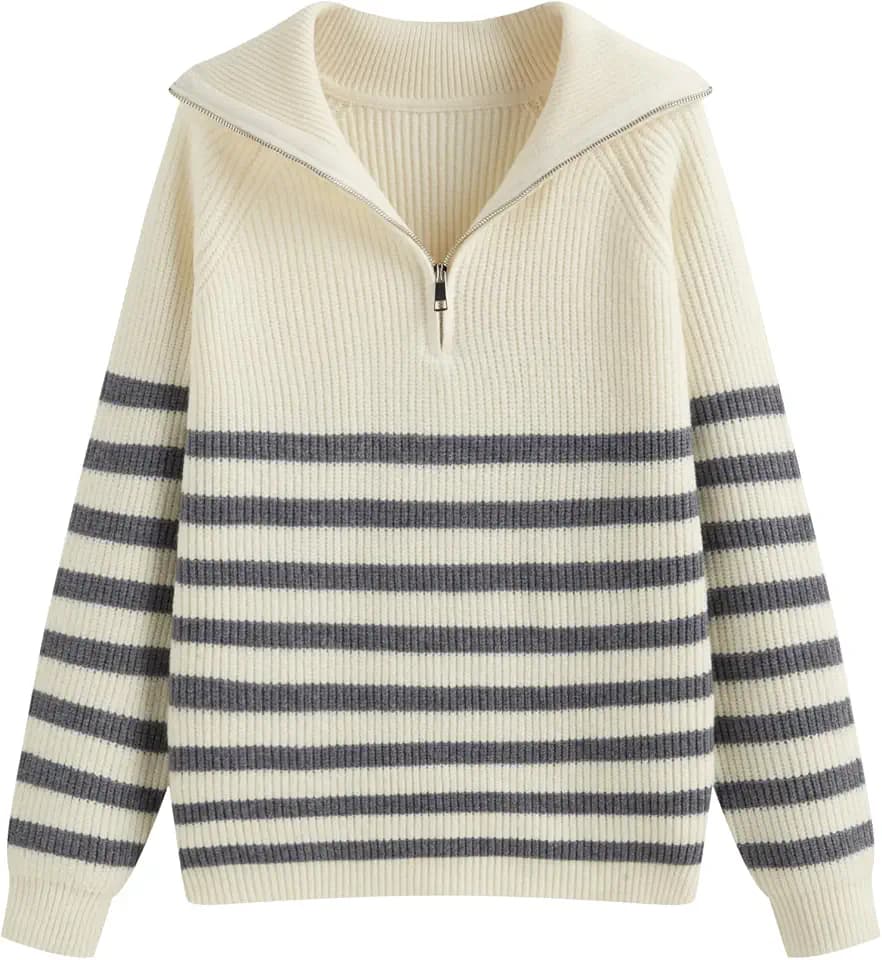 CIDER Women's Striped Quarter Zip Pullover Sweater Mock Neck Knit Fall Fashion Casual Sweater