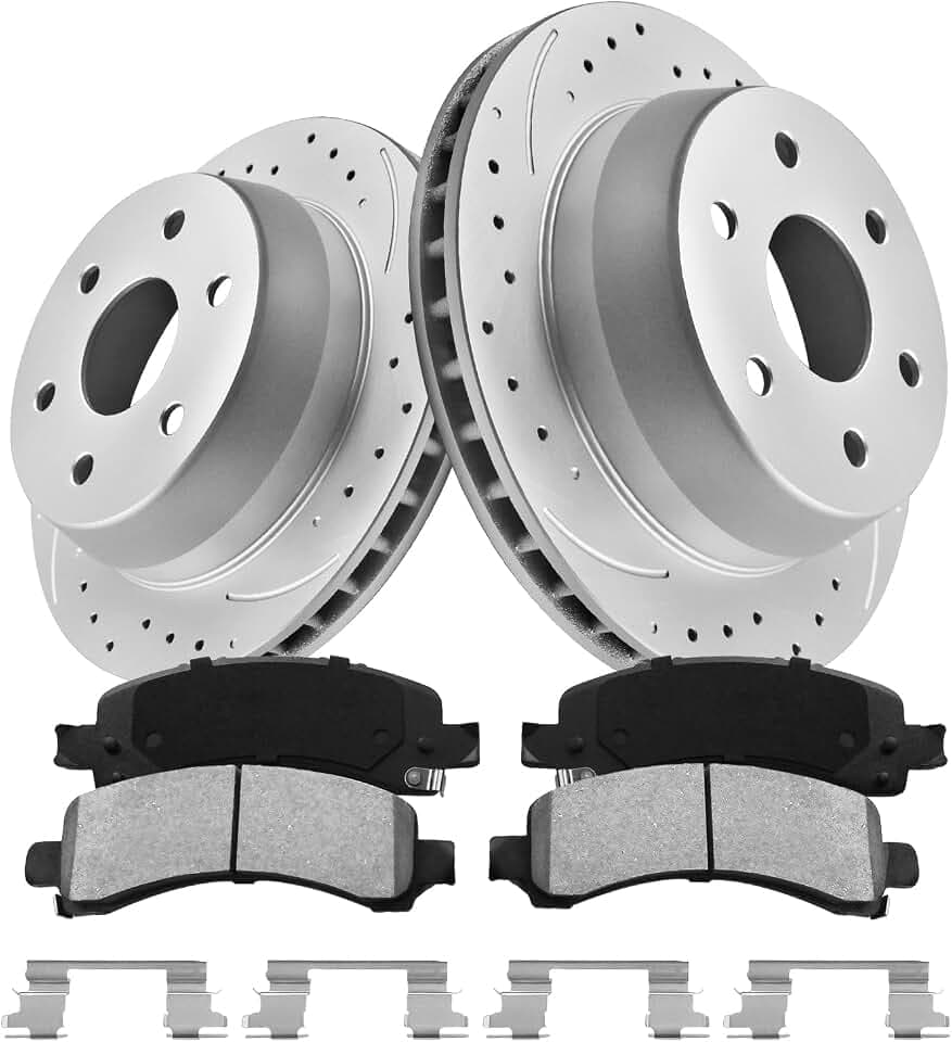 Rear Brake Pads and Rotors Kit for Tahoe [ 2002-2006 ], Geomet Coated Brake Kit, Drilled and Slotted Brake Rotors Pads [ 13in ], Automotive Replacement Brake Kits 55067 D974A