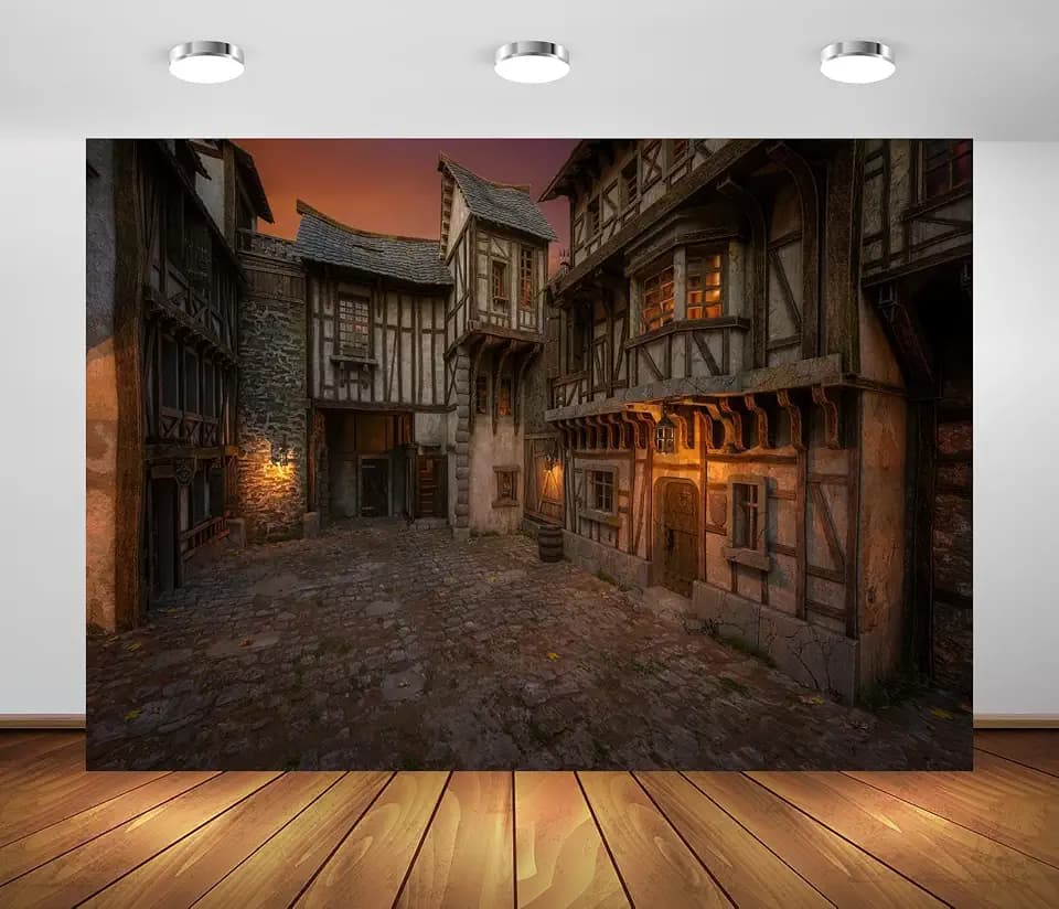 BELECO 7x5ft Fabric Medieval Village Backdrop Fantasy Town Night Ancient Houses Cobbled Street Background Medieval Theme Party Decorations Photoshoot Props