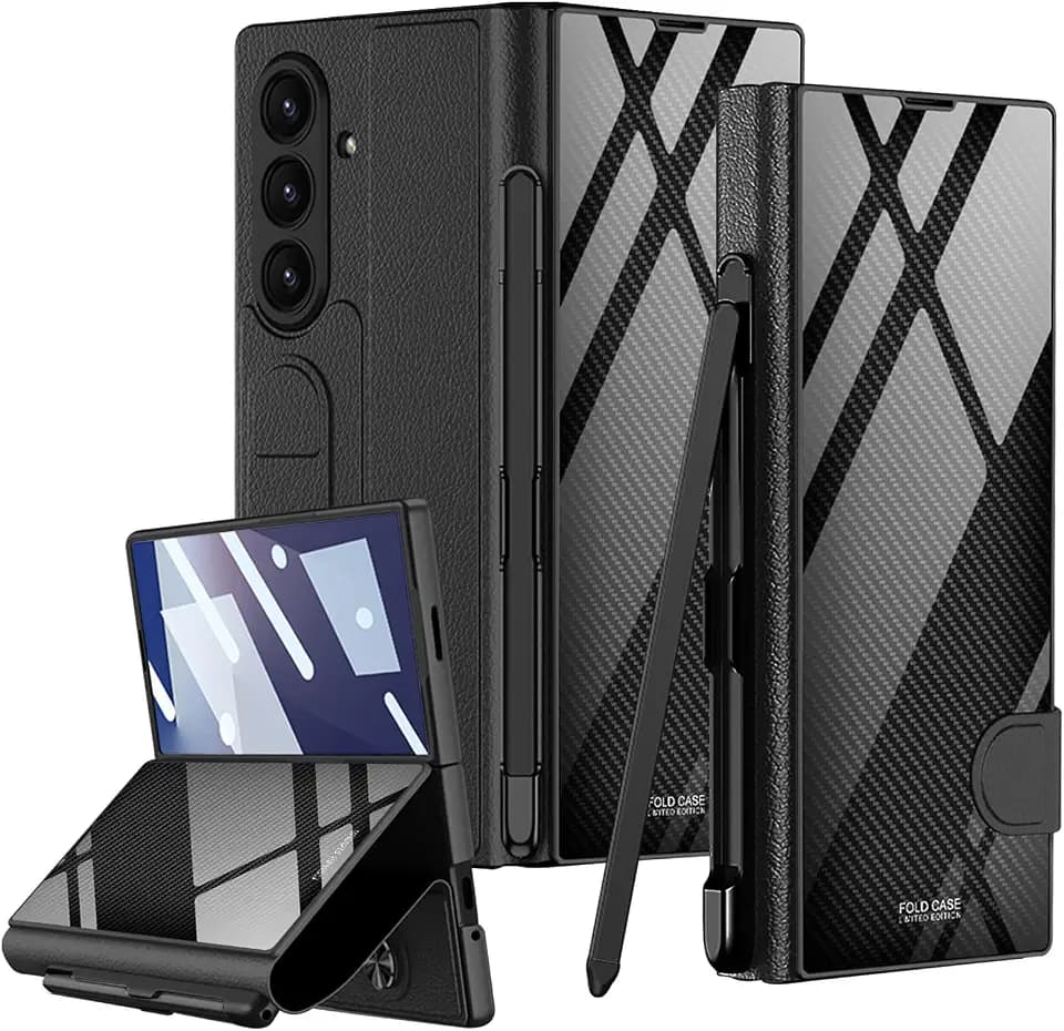 PUROOM for Samsung Galaxy Z Fold 7 Case with Pen & Pen Slot Colorful Plating Glass Hybrid Leather Full Screen Protector All-Inclusive Cover for Samsung Galaxy Z Fold 7 (Carbon Fiber)