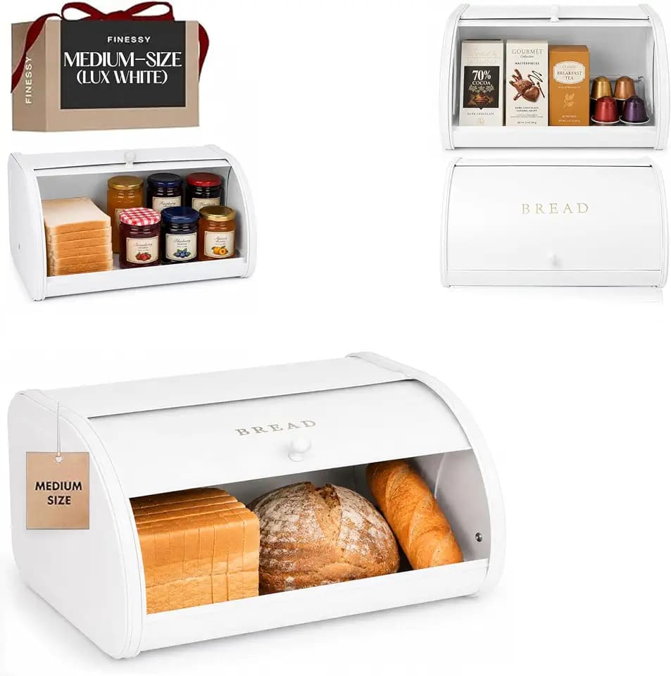 FINESSY White Bread Box for Kitchen Countertop Airtight, Metal Bread Bin