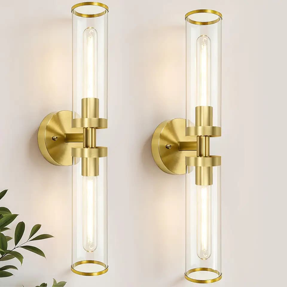 Gold Wall Sconces, Bathroom Sconces Vanity Light Fixtures with Clear Glass, Set of 2, Brushed Gold Sconces Wall Decor, for Living Room/Bathroom Corridor Mirror/Bedroom Hallway Stairwell