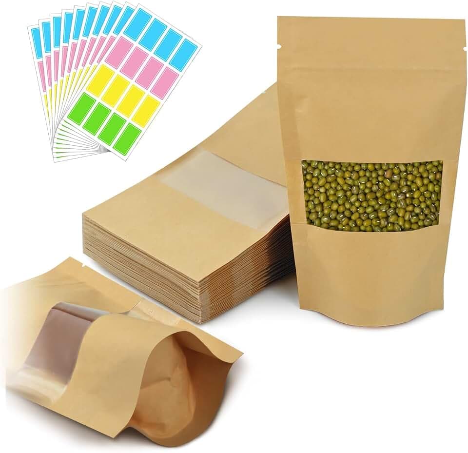 150 Stück Papiertüten mit Fenster (9 x 14cm) + 160 Stück Aufkleber, Kraftpapiertüten Braun Mini Papierbeutel mit Sichtfenster für Nüsse, Gewürze, Coffee, Teeblätter