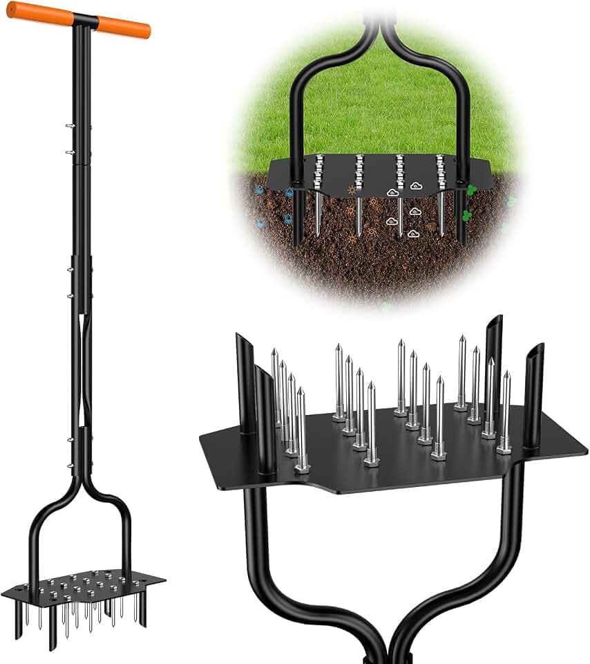 Luvenia Lawn Aerator Tool, 40 Inch Heavy Duty Manual Lawn Aerator, 16 Iron Spikes Metal & 4 Hollow Slots, Upgraded Exhaust Loosening 2-in-1,Garden Cleaning Hand Tool for Yard, Revives Lawn Health