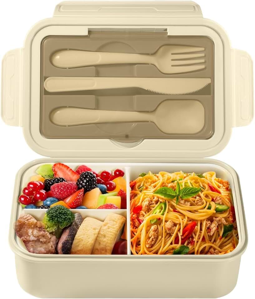 Diboniur Lunchbox 1400 ml mit 3 Fächern und Besteck, Khaki