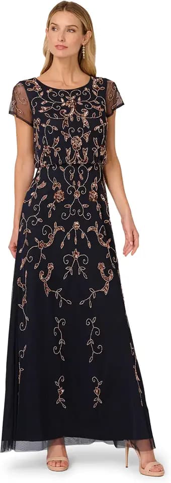 Adrianna Papell Women's Beaded Blouson Long Dress
