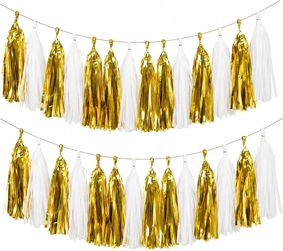 Gold White Tassel Garland Banner,30 Pack Paper Tassels Streamers for Wedding Baby Shower Birthday Party Decor